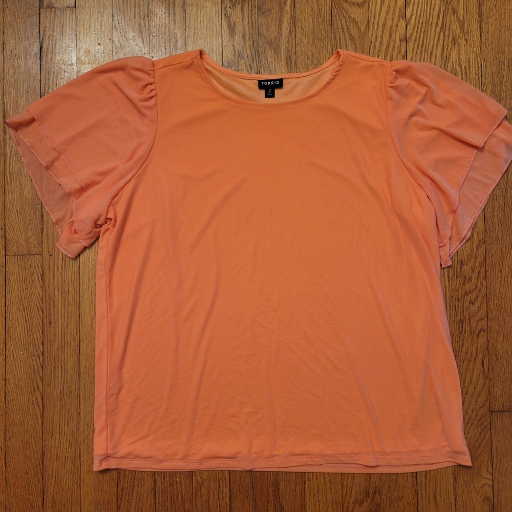 Torrid‎ 0 Coral Orange Flutter Sleeve Sheer Mesh Overlay Top Challis L 12 Summer